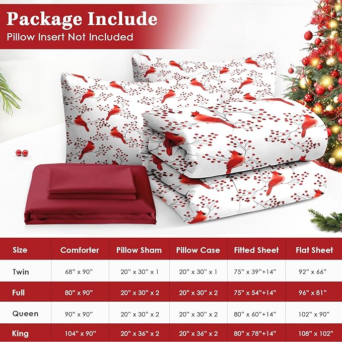 5 Pcs Twin Size Christmas Comforter Set with Pillowcase & Sham, Winter Cardinal Bird Bedding for Kids and Adults, Berries Branches Bed in a Bag with Flat Fitted Sheet