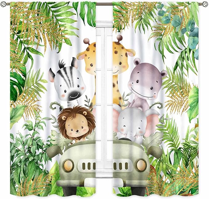 Jungle Safari Animals Curtains, Cartoon Animals Lion Giraffe Elephant Woodland Tropical Leaf Green Window Drapery for Kids Boys Girls Baby Living Room Bedroom Nursery 2 Panels, 63"x63" Inch