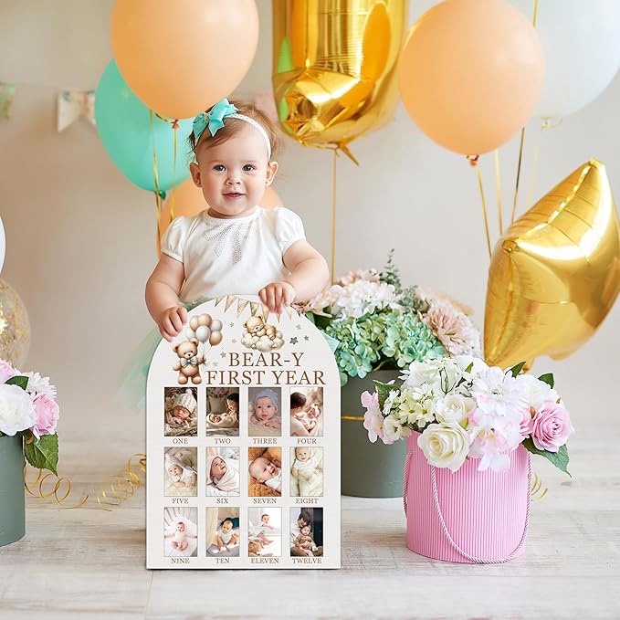 My First Year Photo Board, Bear-Y First Year Baby Milestone Signs for Boys Girls Nursery Decor, 12 Month Wooden Pictures Board for 2x3 Photos, Best Babies Keepsake Gifts-A04