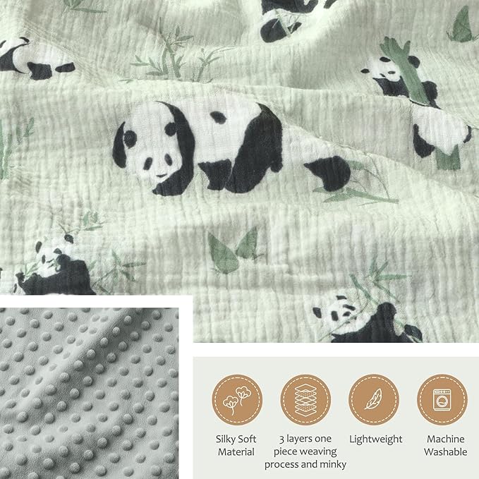 BOPRIO Muslin Baby Blankets for Boys Girls, Breathable Muslin Cotton with 3D Dotted Fleece Backing, Super Soft Swaddle Blankets with Cute Panda Design, Nursery Bedding Newborn Gift 30 x 40 Inch