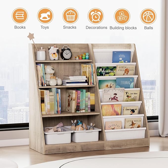 NACHES 4 Tier Kid Bookshelf Wooden 6 Sling Children Bookcase Toddler Montessori Book Rack Display Toy Storage Organizer Adjustable Book Shelf Classroom Bedroom Nursery Playroom (Grey Wood, Large)