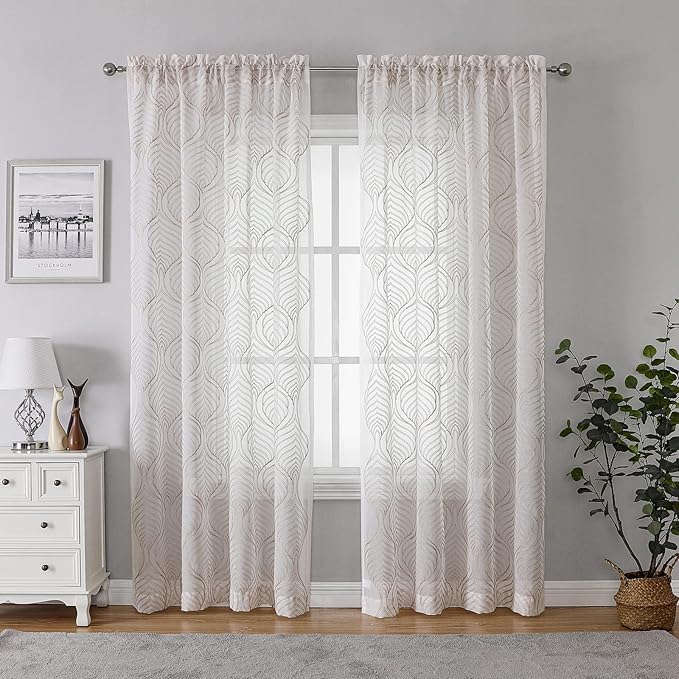 VISIONTEX Sheer Curtains 72 Inches Long 2 Panels Set Taupe Moroccan Embroidery Texture Geometric Rod Pocket Ivory White Voile Tulle Semi Window Treatment Pair for Bedroom Living Room 54 x 72 Inches