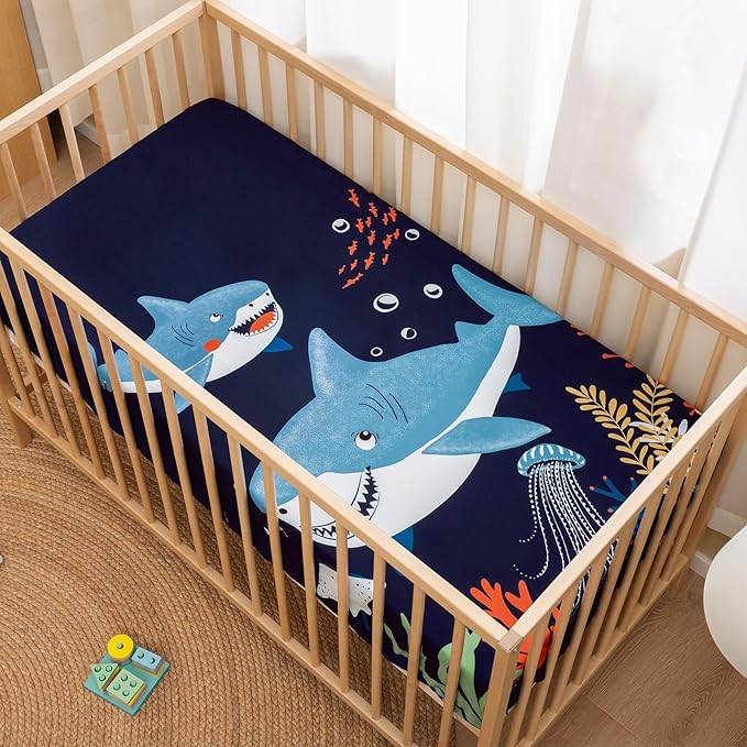 PHF 4 Pack Soft Shark Crib Sheets Fitted, Comfy Breathable Baby Sheets for Boys Girls, 28x52 Inches Fits Standard Crib and Toddler Mattresses, Shark