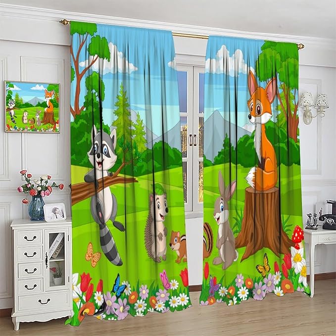 Safari Animal Curtains for Kids Cartoon Woodland Wildlife Jungle Animals Window Treatments for Boys Girls Bedroom Cute Fox Forest Nursery Children Drapes for Living Room W42xL63