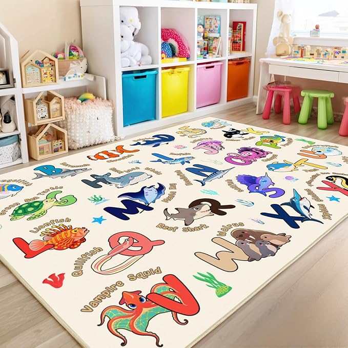 Kids Rugs for Playroom, 5x7 Feet Educational Rug for Learn The ABC Alphabet, Soft Machine Washable Non-Slip Cute Marine Organisms Carpet for Classroom Toddler Nursery Kids Room Decor, Beige
