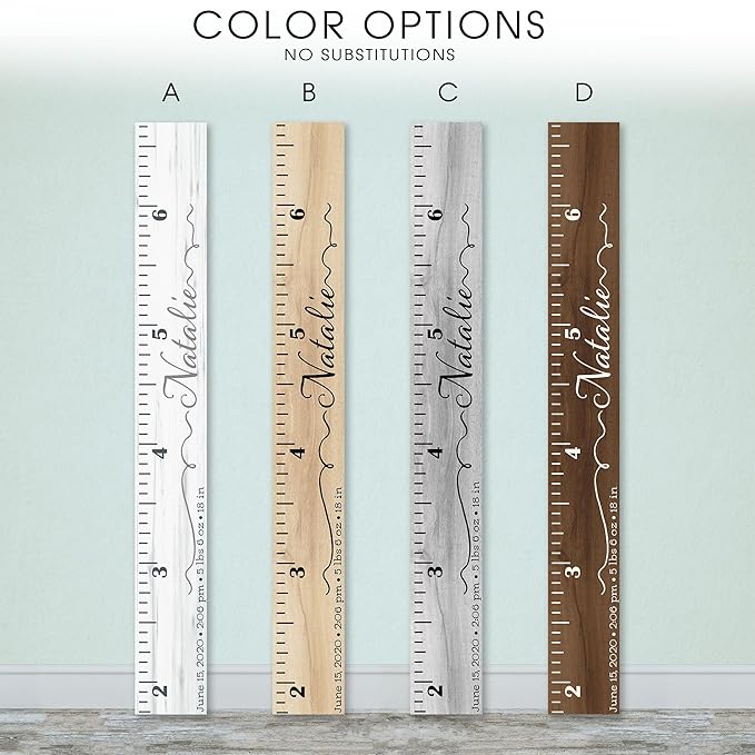 Wooden Kids Growth Height Chart Ruler for Boys and Girls Painted or Engraved (Script Ribbons)