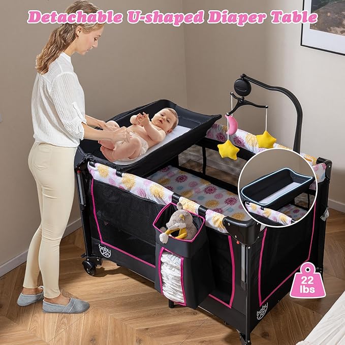 BABY JOY 4 in 1 Pink Pack and Play, Baby Bedside Sleeper with Bassinet, 3 Adjustable Heights, Music Box, Easy to Install, Foldable Bedside Crib w/Changing Table, Playards from Newborn to Toddlers Rose