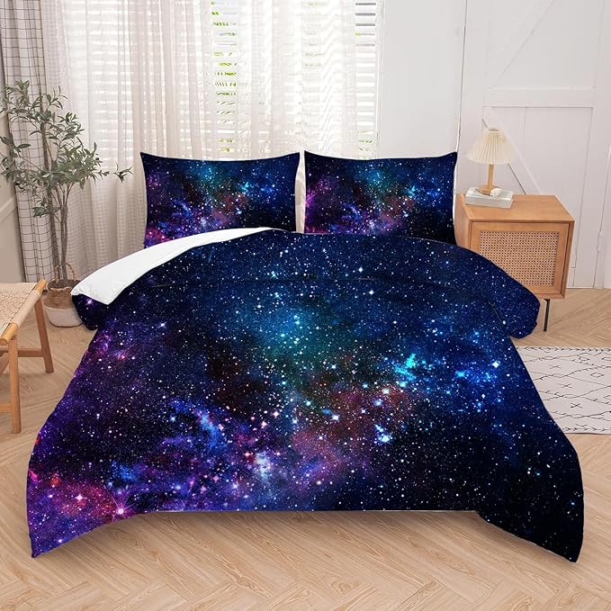 kxry Blue Purple 3D Galaxy Comforter Set Twin Size Outer Space Starry Sky Universe Bedding Sets for Girls Teens Kids 1 Comforter + 1 Pillow Case