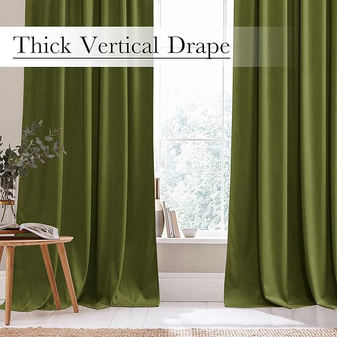 StangH Olive Green Velvet Curtains 94 inches Long Back Tab Soft Thermal Insulated Room Darkening Window Drapes for Bedroom Living Room Christmas Decor, W52 x L94, 2 Panels