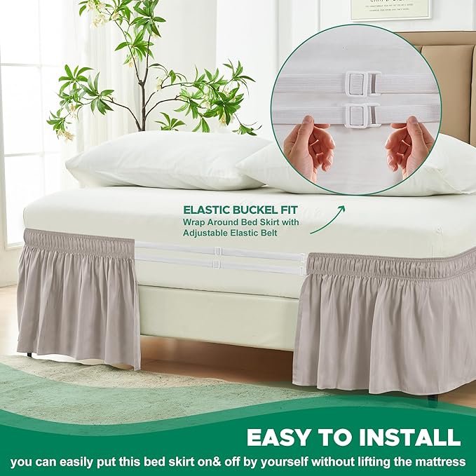 Biscaynebay Wrap Around Bed Skirts for King & Cal King Beds 17" Long Drop, Camel Grey Adjustable Elastic Dust Ruffles Easy Fit Wrinkle Resistant Silky Luxurious Fabric Machine Washable
