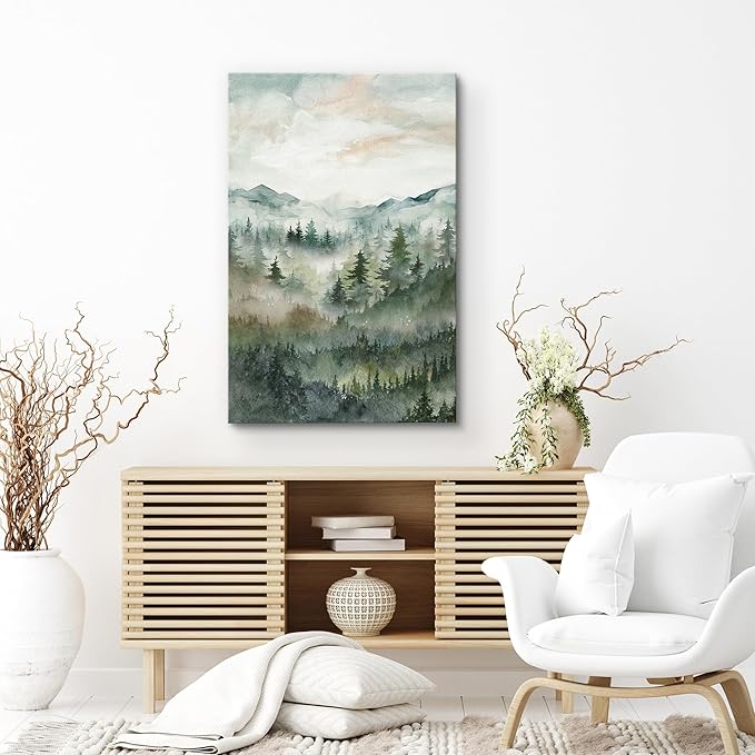 SIGNWIN Canvas Print Wall Art Misty Forest Landscape Watercolor Serene Mountain Pine Trees in Fog Illustrations Modern Art Decorative Landscape for Living Room, Bedroom, Office - 32"x48"