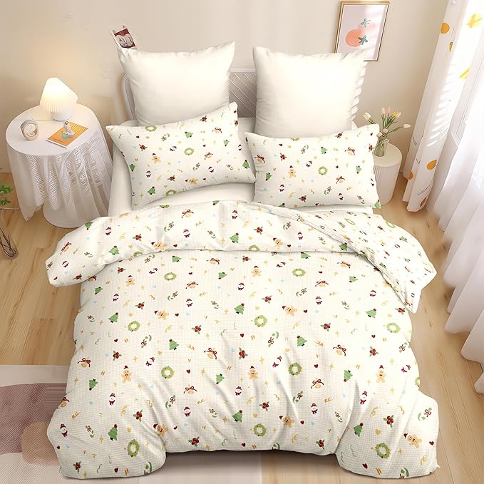 Christmas Duvet Cover Queen Size Gingham Red Bow Christmas Tree Bedding Set 3 Pcs Kids Boys Girls Plaid Heart Xmas Holiday Reversible Comforter Cover with Zipper Closure