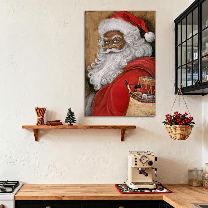 YONICA Christmas Canvas Wall Art Vintage Santa 12x18 Inch Retro Gift Bag with Toys - Large Framed Gallery Wrapped Traditional Decor