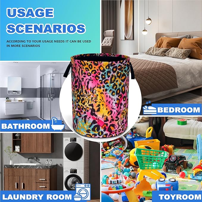 Colorful Leopard Print Laundry Basket Cheetah Oxford Cloth Laundry Hamper With Handle Foldable Portable Clothes Storage Basket 18.9 X 16.5 In Storage Bag For Laundry Room/Bathroom/Bedroom/Dormitories