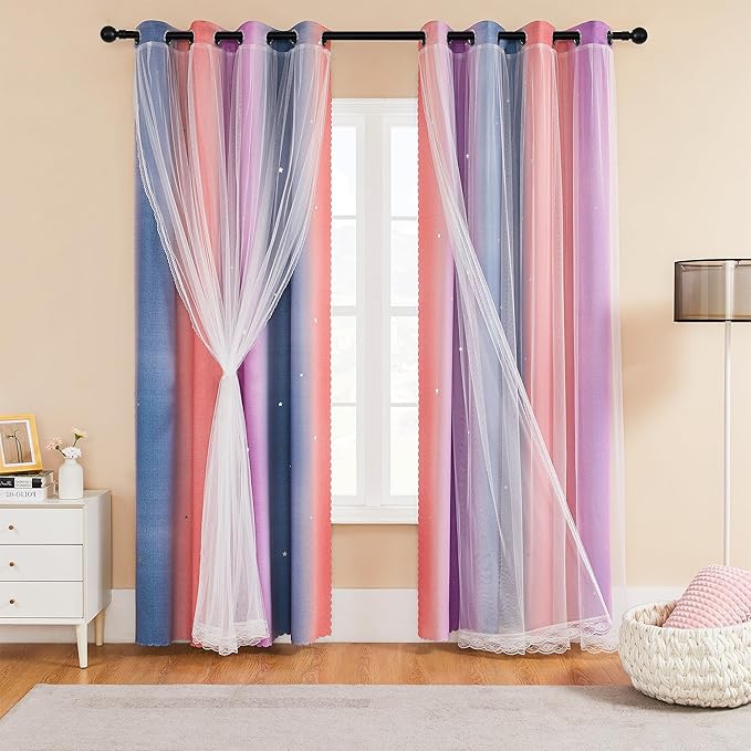 XiDi Girls Curtains for Bedroom 90 Inches Long 2 Panels Grey Pink Purple Rainbow Blackout Curtains for Little Girl Kids Room Decor Living Room, Princess Unicorn Wall Decals Drapes 52x90