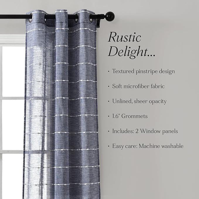 Lush Decor Farmhouse Textured Grommet Sheer Window Curtain Panel Pair, 38"W x 120"L, Navy