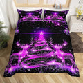 Manfei Christmas Tree Duvet Cover Set King Size Purple Twinkling Deer Comforter Cover Western New Year Bedding Set 3pcs for Kids Boys Girls Christmas Theme Quilt Cover with 2 Pillowcases,No Comforter