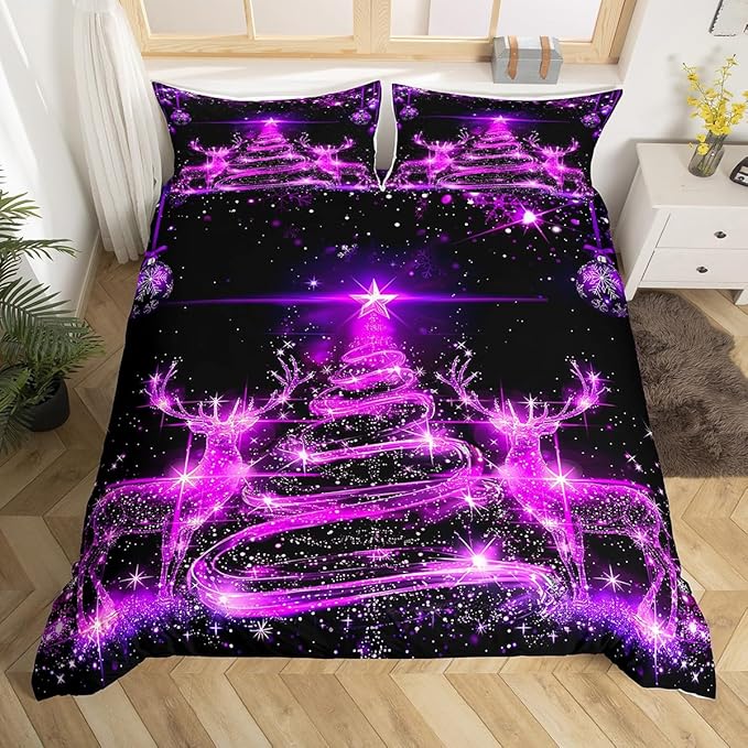 Manfei Christmas Tree Duvet Cover Set King Size Purple Twinkling Deer Comforter Cover Western New Year Bedding Set 3pcs for Kids Boys Girls Christmas Theme Quilt Cover with 2 Pillowcases,No Comforter