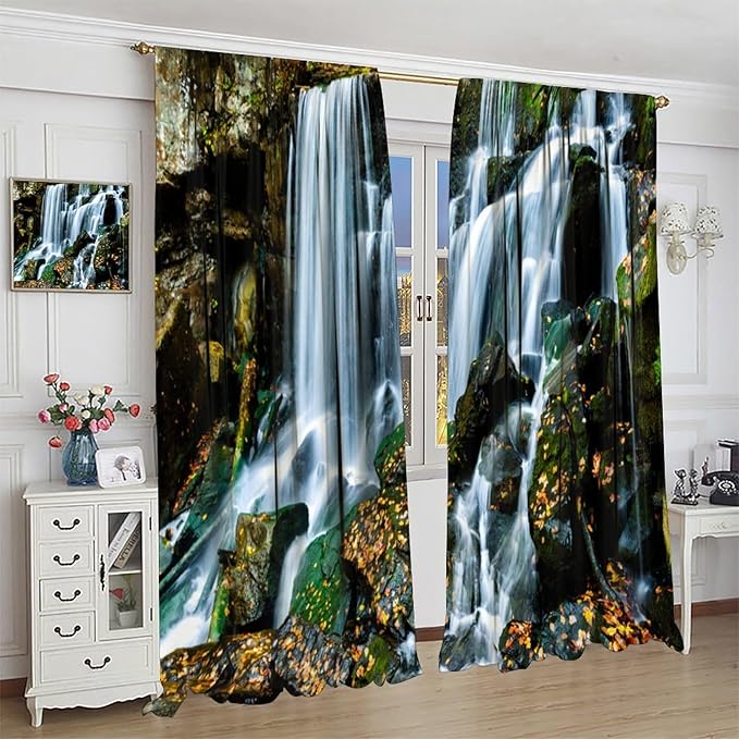 Waterfall Blackout Window Curtains, Forest Nature Landscape Theme Pattern Print Window Drapes, for Living Room Bedroom 63" W X 63" L
