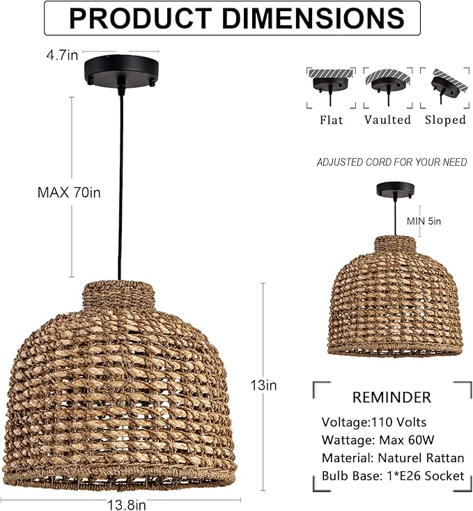 13.8in Rattan Lighting Wvoen Wicker Dome Pendant Lighting Rustic Chandelier for Kitchen Island, Coastal Ceiling Rattan Pendant Lights Ceiling for Living Room Dining Room Foyer Restaurant
