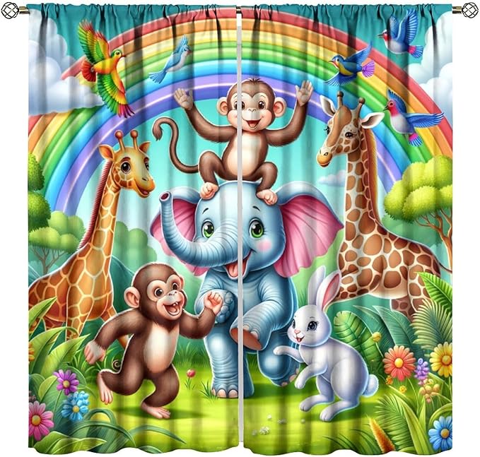 Animals Window Curtain Rod Pocket Kids Boys Girls Forest Giraffe Elephant Monkey Flowers Window Treatment for Baby Children Bedroom Living Room 55" W X 63" L
