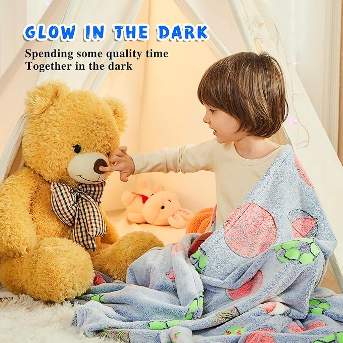 inhand Soccer Glow in The Dark Blanket Football Blanket Soccer Gift Toys for Boys Girls Teen Soft Cozy Kids Throw Blanket Bedroom Decor,Christmas Easter Birthday （Blue 50"x60"）