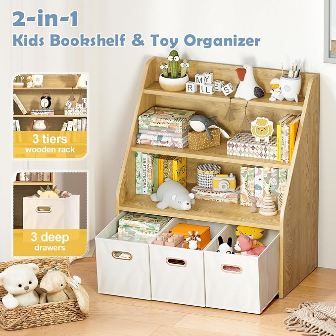 Kids Bookshelf and Toy Organizer, Wooden Kids Bookcase, Toddler Montessori Bookshelf with 3 Movable Drawers, Toy Storage Organizer for Child's Room, Living Room, Nursery