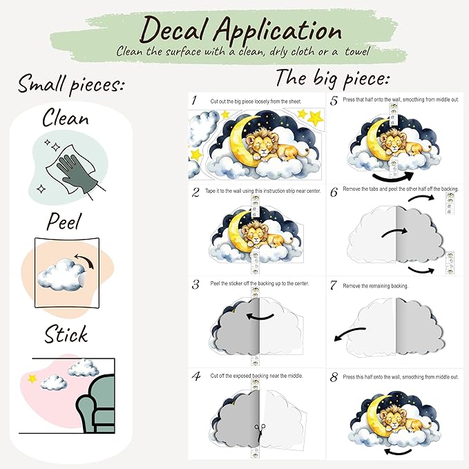 Boho Nursery Wall Decals - Dreamy Watercolor Lion Sleeping on Cloud | Multi-Piece Set with Clouds, Moon & Stars | Removable Fabric Wall Art for Kids Room