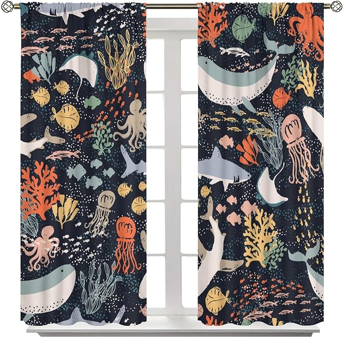 Sea Animals Curtain Cartoon Fish，Undersea Cute Whales Dolphin Underwater Wild Life Blue Ocean Boys Girls Waterproof Polyester Fabric Bedroom Decoration Set 2 Panels,42x45 Inches