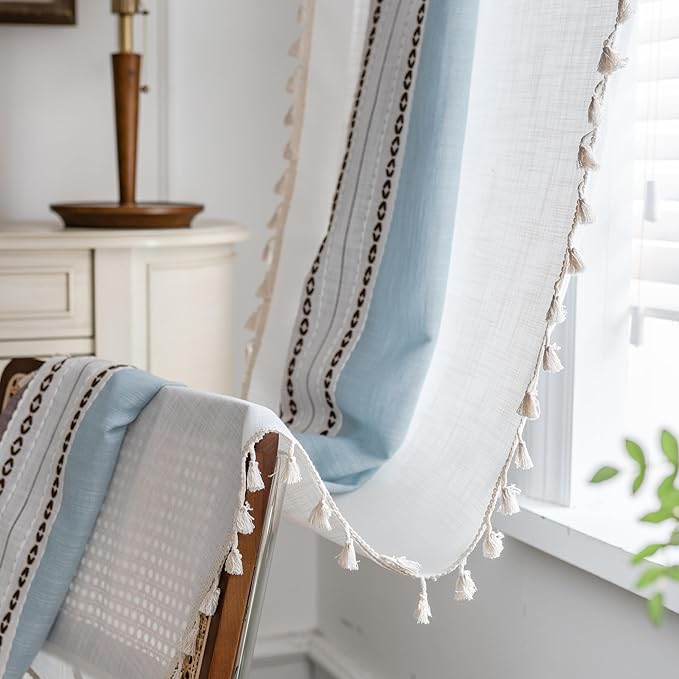 Deeprove Boho Linen Curtains 72 inch for Bedroom Living Room, Semi Blackout Southwest Fringe Window Treatment Bohemian Geometry Drape Rod Pocket 1 Panel 52" W x 72" L, Blue and Brown