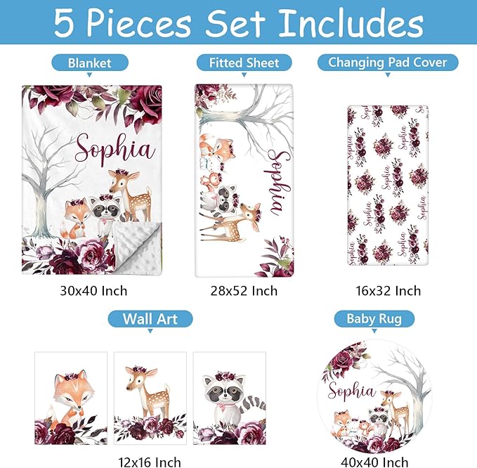 Custom Name Crib Bedding Set, 5 Pcs Personalized Woodland Animals Theme Baby Bedding, Crib Set for Boys Girls, Double Layer Nursery Bedding Sets for Infant Newborns, Toddlers Crib Bed Set