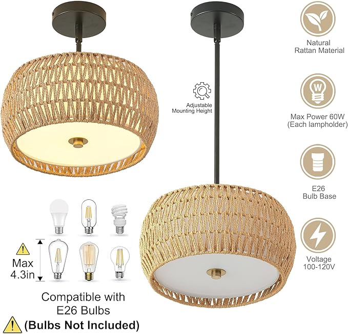 Rattan Pendant Light Kitchen Island,12.8" Hand-woven Modern Semi Flush Mount Ceiling Light Fixture,Boho Woven Lamp Shade Chandelier,Adjustable Farmhouse Hanging Light for Bedroom Bar Hallway