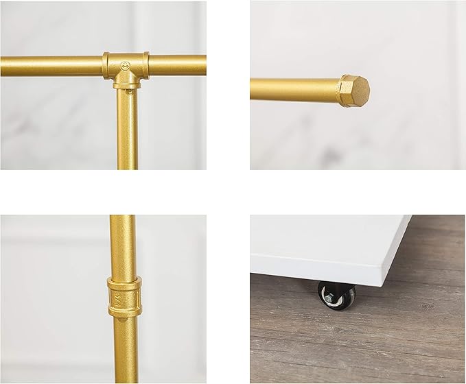 59"Tall,Gold, Industrial Pipe Coat Rack Stand,Rolling garment Rack for Hanging Clothes Retail Display,Free Standing Coat Rack,Hallway/Entryway Coat Hanger Stand for Clothes, Suits, Accessories