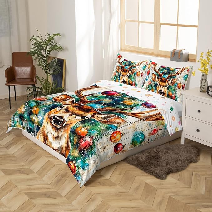Cabin Deer Duvet Cover Set Queen Size,Tie-dye Christmas Tree Wooden Plank Rustic Bedding Set,Boys Girls Room Decor,Wild Animal Farmhouse Comforter Cover,Brown Quilt Cover,2 Pillowcases,No Comforter
