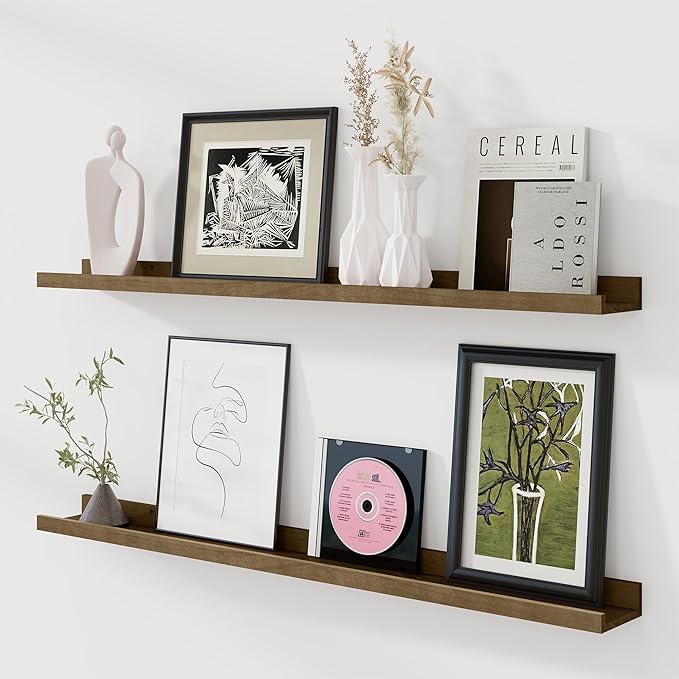 Fun Memories Picture Ledge Shelf, Pine Wood Floating Shelves Set of 2, 48 inch Nursery Book Shelves, Photo Ledge Book Shelves Wall Mounted for Living Room Kids' Room Bedroom - Light Brown