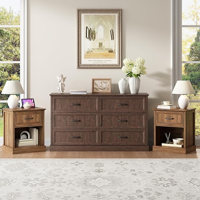 CARPETNAL Farmhouse Dresser and Nightstand Sets for Bedroom, 3 Pcs Bedroom Set, 6 Drawer Dresser & Nightstand Set of 2, Modern Wood Chest of Drawers for Bedroom, Living Room, Entryway, Brown