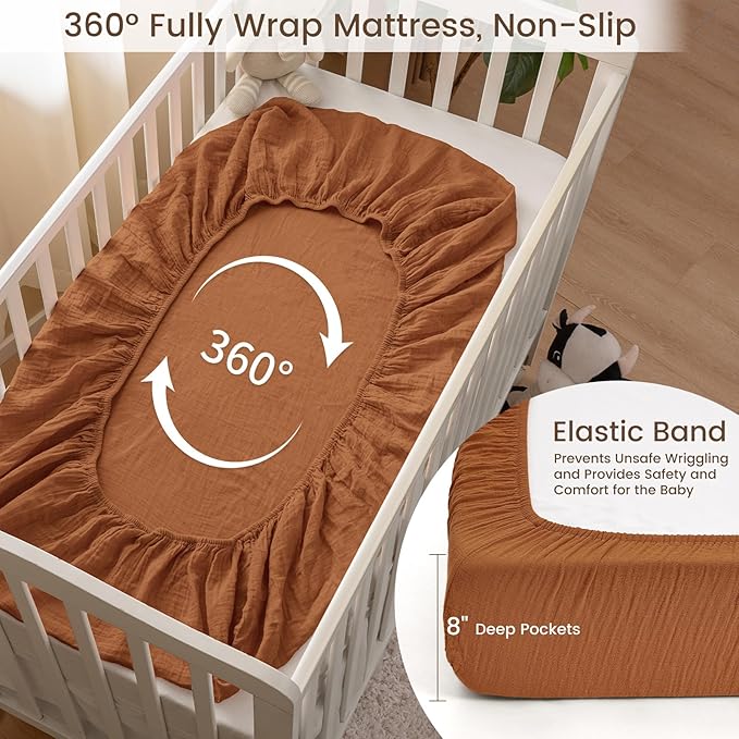 david's kids Muslin Crib Sheets for Boys Girls, 2 Pack 100% Cotton Soft Breathable Fitted Baby Sheet Set, 28x52 Inch Fits Standard Crib and Toddler Mattresses, Beige & Brown
