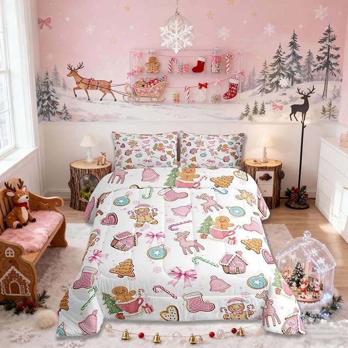Cute Bow Tie Kids Bedding Set King Size,Pine Tree Merry Christmas Elk Deer Comforter Set,Bowknot Gingerbread Man Snowflake Quilt Comforter,Pink White Colorful Bedroom Duvet Insert,2 Pillowcases