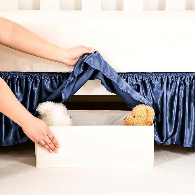 Navy Satin Crib Bed Skirt, 52" x 28" with 14" Drop Silky Soft Baby Crib Skirt for Baby Girls or Boys, Fit for Standard Crib & Toddler Bedding