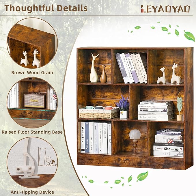LEYAOYAO 8 Cube Bookshelf with Wood Base, Brown 3 Tier Mid-Century Modern Bookcase,Standing Wide Bookshelves Storage Organizer Shelf,Rustic Display Cabinet Book Shelves for Bedroom,Living Room,Office