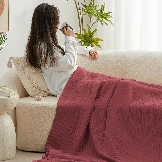Love's cabin 6 Layer 100% Cotton Muslin Blanket, 90"x90" Muslin Blanket Queen for Couch Bed, Lightweight and Breathable Cotton Gauze for Adult, Wine Red