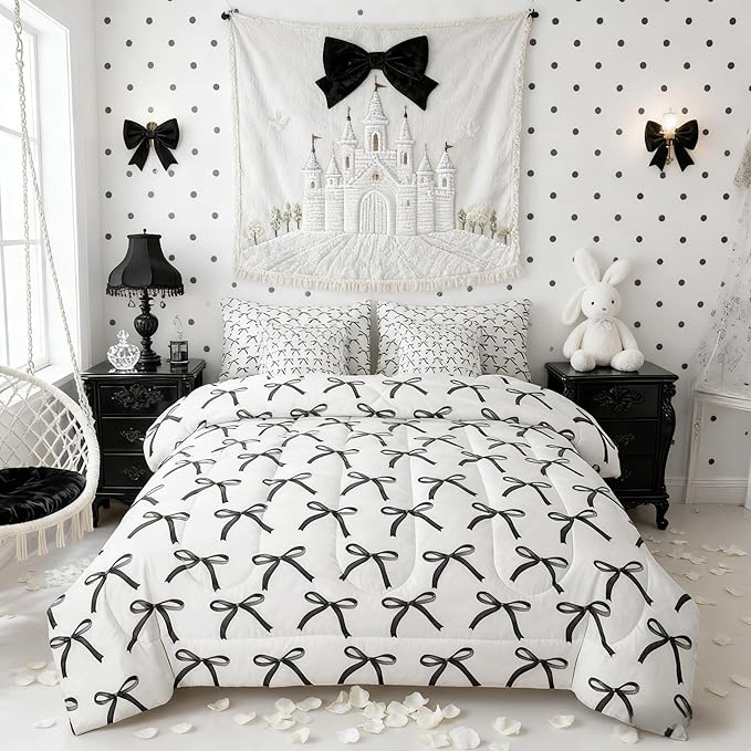Manfei 7 Pieces Cartoon Bowknot Kids Comforter Full Size,Bow Tie Geometric Patchwork Modern Girls Bedding Set,Bow Butterfly Knot Black White（Comforter+Fitted+Flat+2 Pillowcases+2 Throw Pillow Covers）
