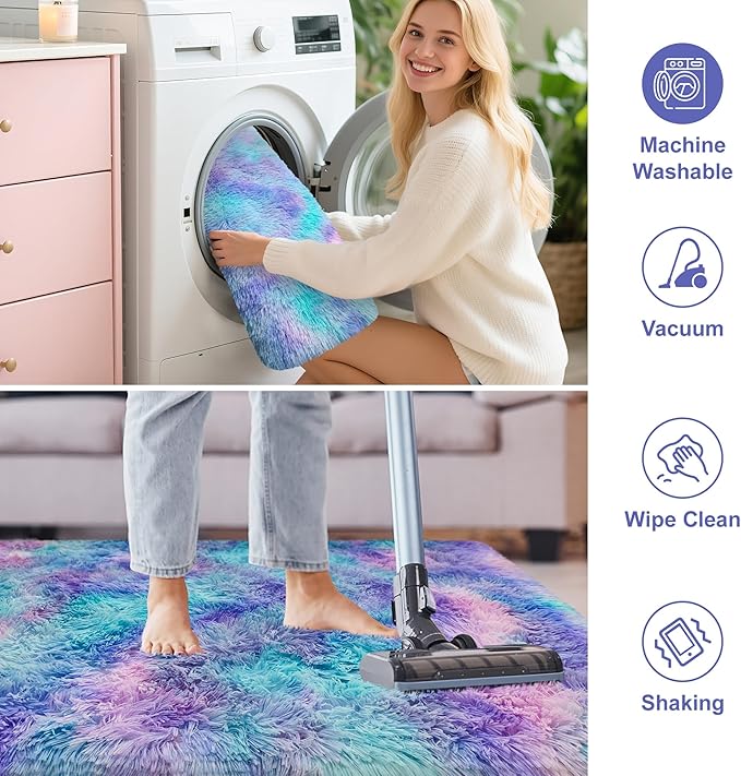 Shaggy Tie Dyed Light Blue Purple Runner Rug 2x6 ft Bedside Area Rugs for Living Room, Anti-Skid Extra Comfy Fluffy Floor Carpet for Indoor Hallway Home Decorative