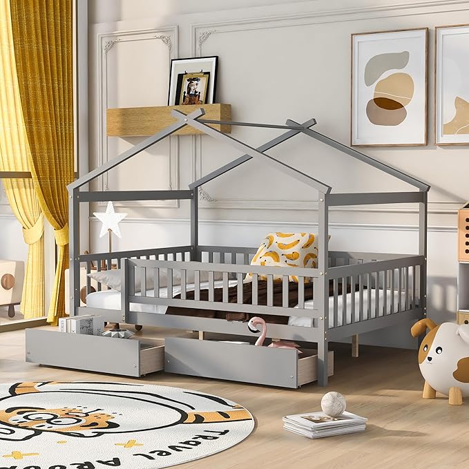 Full House Bed with 2 Storage Drawers, Kids Full Bed Frame with Rails and Roof, Tent Bed, Wooden Full Daybed, Full Montessori Bed for Kids Teens Girls & Boys, No Box Spring Needed (Gray)