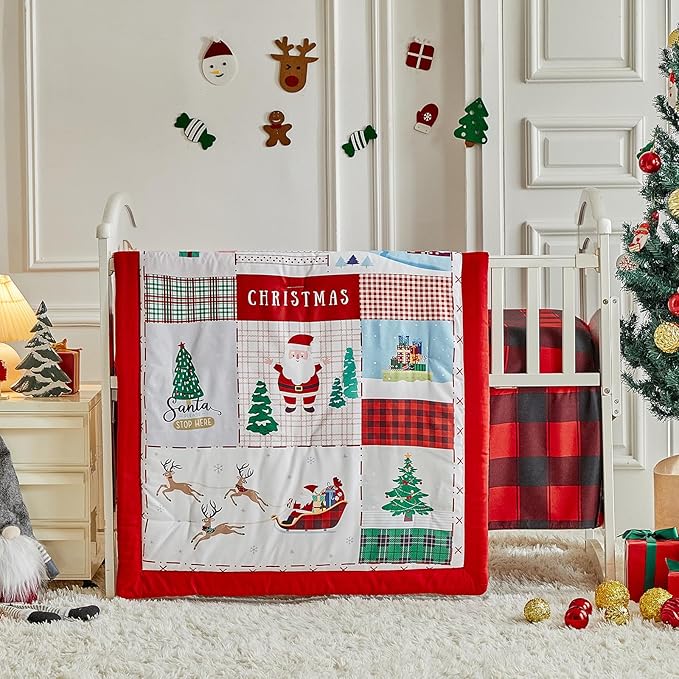 Christmas Red Crib Bedding Set 3 Pieces New Year Style Quilted Plaid Comforter with Fitted Sheet and Bed Skirt - Cute Santa Claus Snowman Tree Deer Design Baby Gift Crib Bed Set
