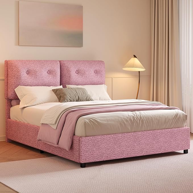 Queen Bed Frame with Headboard, Cloud Boucle Upholstered Bed Frame, Modern Soft Style, Adjustable Headboard, No Box Spring Needed, Easy Assembly, Pink