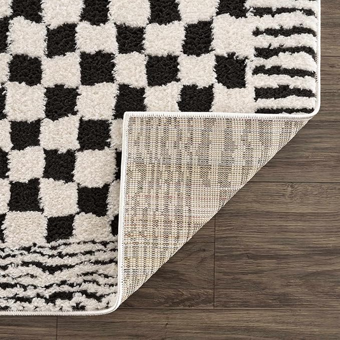 Hauteloom Leryn Contemporary Checkered Area Rug - Modern Geometric Bordered Carpet for Living Room, Bedroom, Dining Room - Checkboard Design - Square Tiles - High Pile - Black and White - 8'10" x 12'