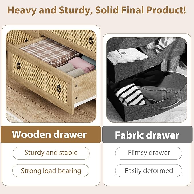 IDEALHOUSE Rattan Dresser for Bedroom with 7 Drawers, 54'' Wide Chest of Drawers with Large Clothes Storage Cabinet, Wood Bedroom Dresser, TV Stand for Nursery, Living Room, Hallway, Oak