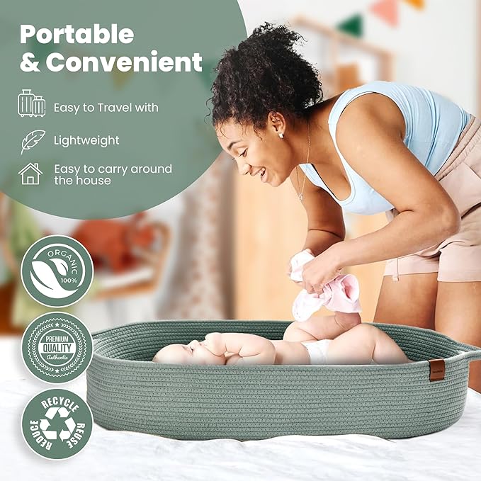Baby Changing Basket for Baby Dresser, Moses Basket for Babies, Cotton Rope Diaper Changing Basket, Unisex Baby Moses Basket, Foam Diaper Changing Pad for Dresser, Changing Table Topper for Dresser