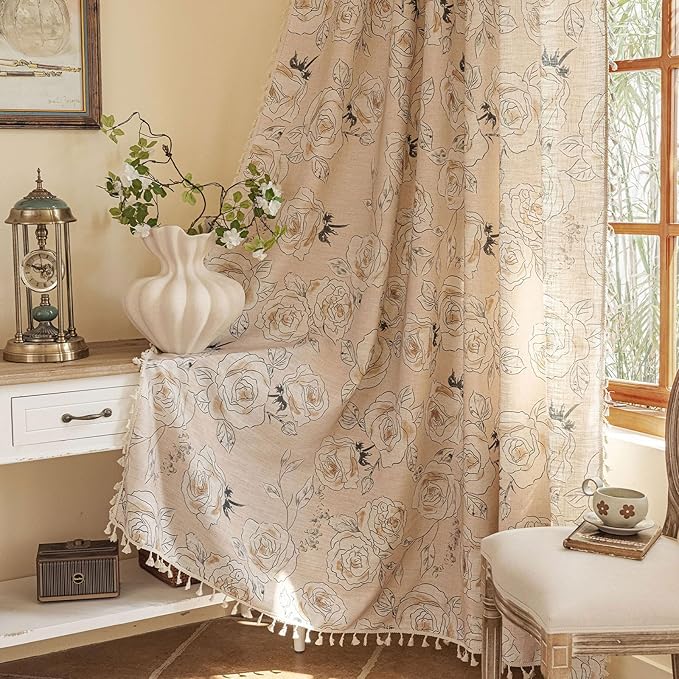 ENJOYBRIDAL Floral Curtains 96 Inches Long 2 Panels Coquette Rod Pocket Drapes Boho Bedroom Semi Sheer Aesthetic Window Curtain Panels Farmhouse Living Room Rose Decorations Tassel Window Treatments
